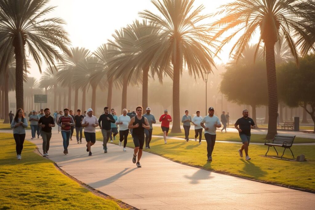 Early morning outdoor exercise in Saudi park