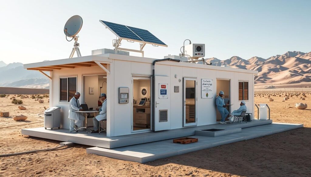A fully equipped Remote Area Clinic setup in a Saudi desert region with medical staff and patients