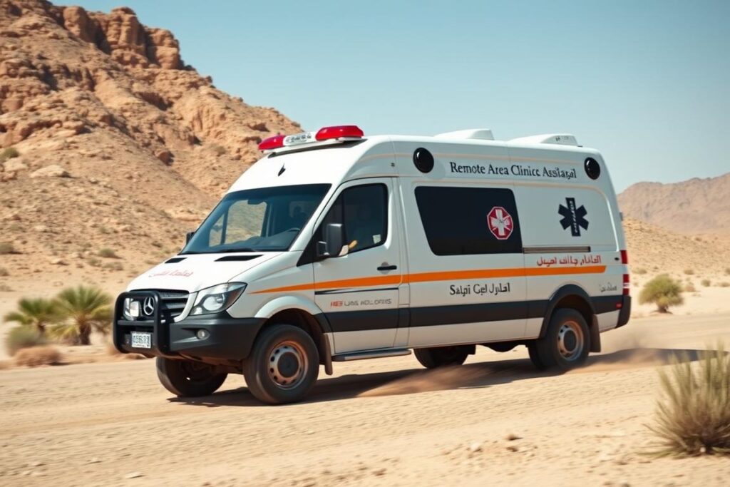 A specialized ambulance for Remote Area Clinic Services navigating challenging Saudi terrain