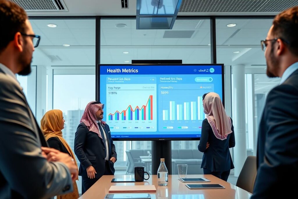 Business leaders reviewing health metrics dashboard