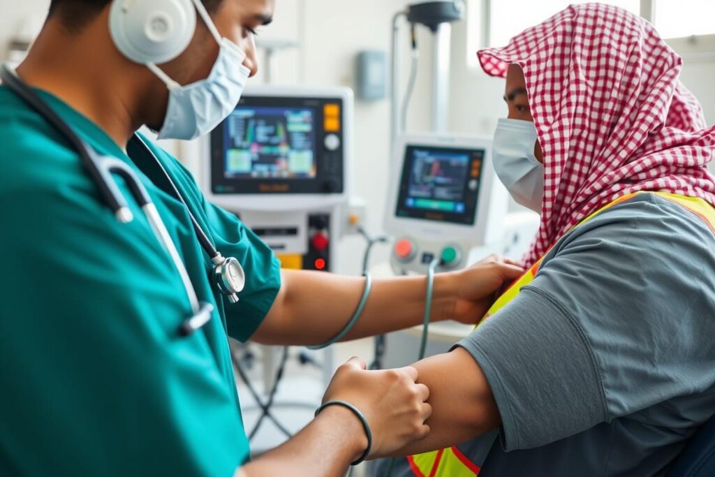 Healthcare professional monitoring vital signs of worker at remote site