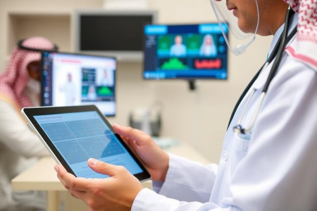 Healthcare professional using cloud-based Health Management System at a Remote Area Clinic