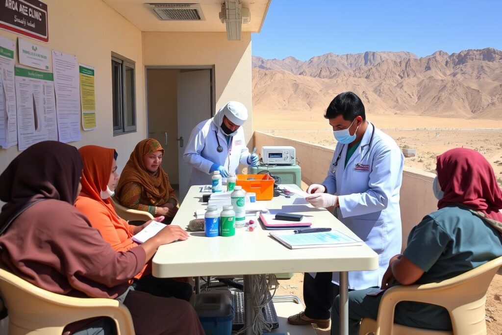 Medical professionals providing care at a Remote Area Clinic in a mountainous Saudi region