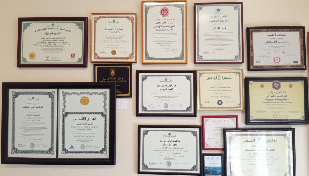 Medical credentials and certificates on office wall