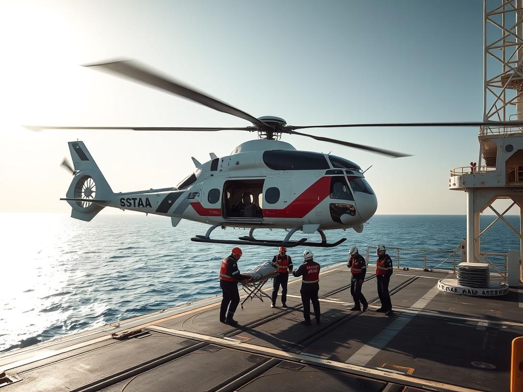 Medical evacuation helicopter landing on an offshore oil platform in Saudi Arabian waters