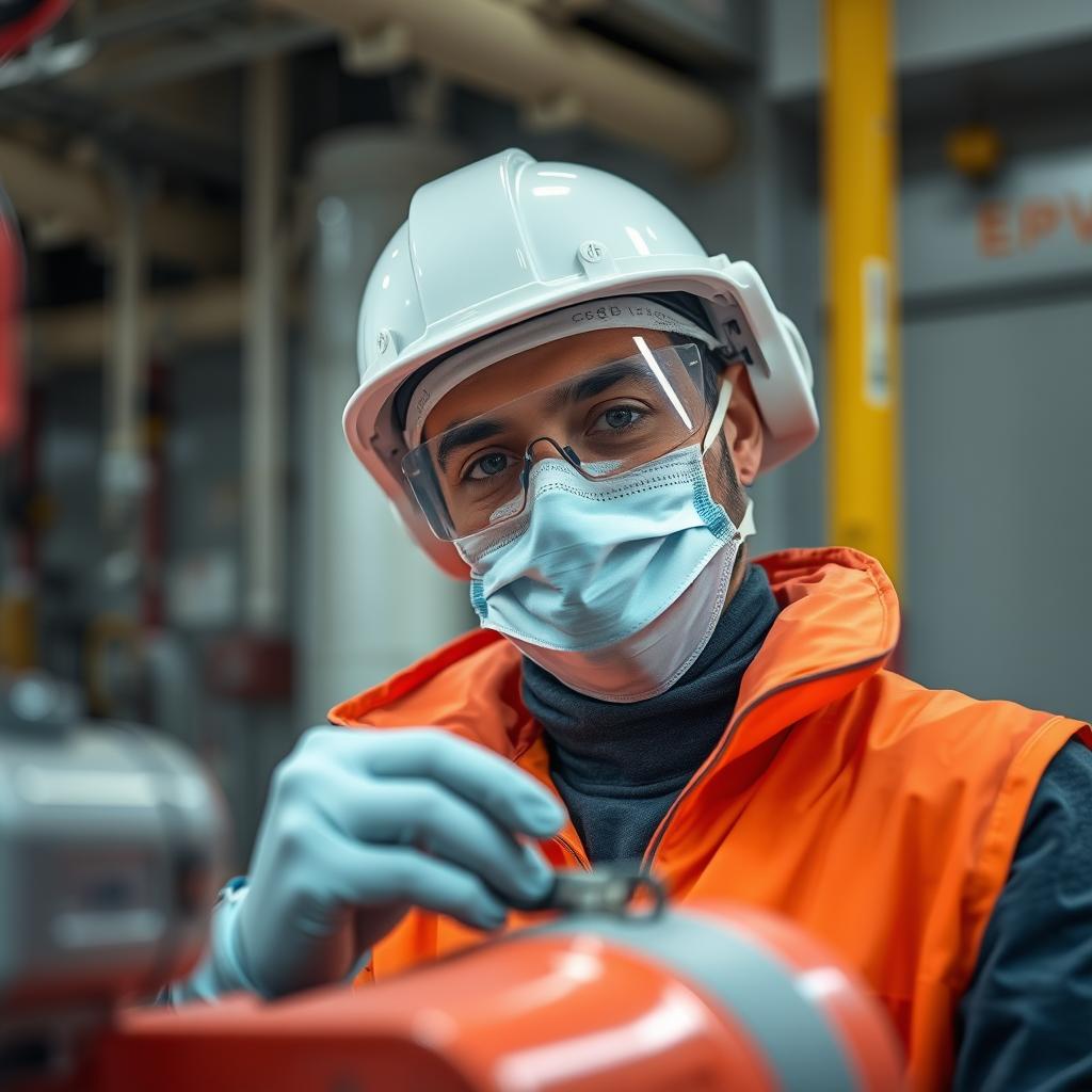 Medical professional in offshore safety gear examining equipment in Saudi Arabia
