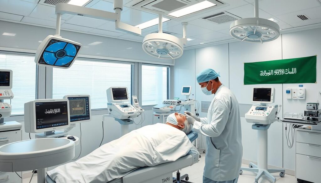 Medical professional treating a patient in an offshore clinic in Saudi Arabia