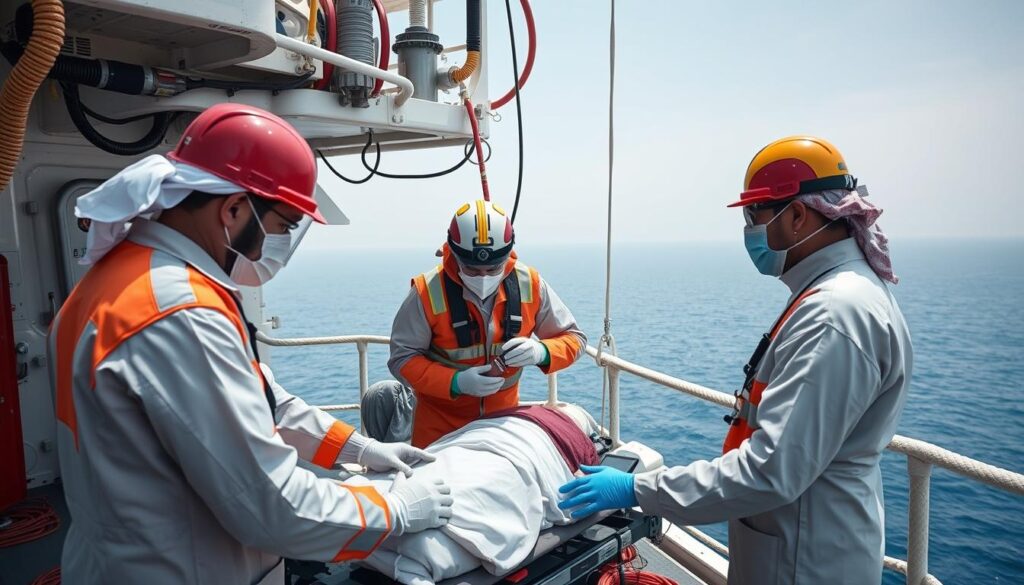 Medical team conducting emergency drill on offshore platform in Saudi Arabia