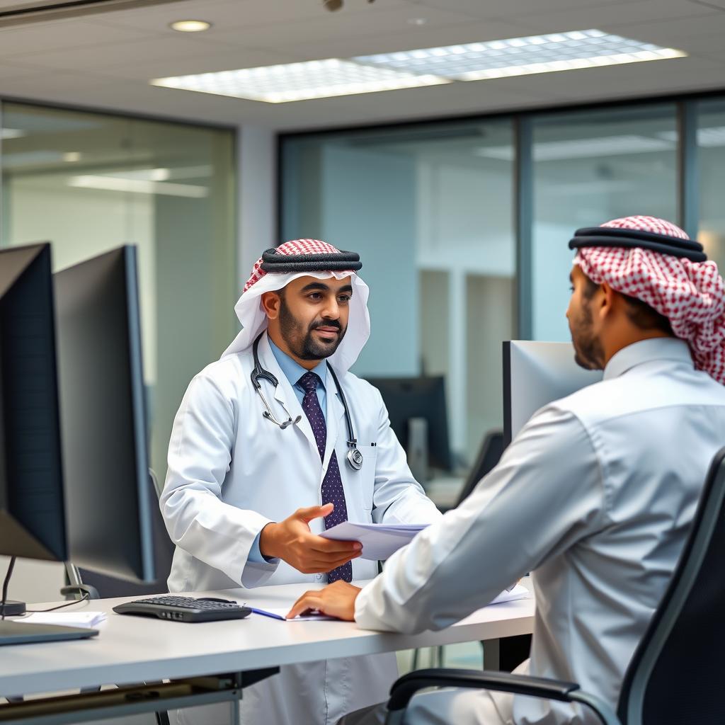 Occupational health specialist assessing workplace ergonomics in Saudi Arabia