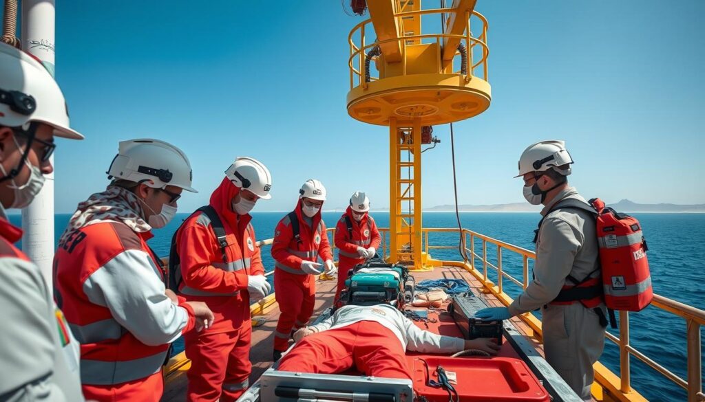 Offshore medical team conducting a training session on an oil platform in Saudi Arabia