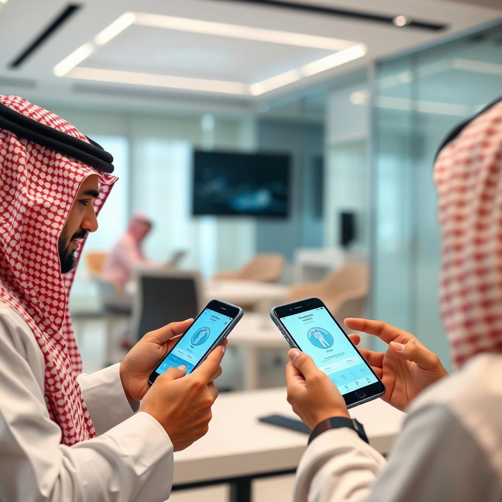 Saudi professionals using corporate health app on mobile devices