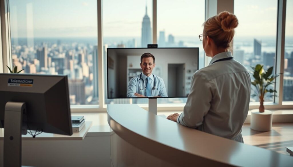 A bright, airy medical office with a receptionist's desk in the foreground. In the middle ground, a doctor consults with a patient on a video call, their faces filling a high-resolution display. The background features a panoramic view of a bustling city skyline, conveying the modern, connected nature of telemedicine. Soft, natural lighting bathes the scene, creating a welcoming, professional atmosphere. The overall composition highlights the convenience and accessibility of remote healthcare consultations.