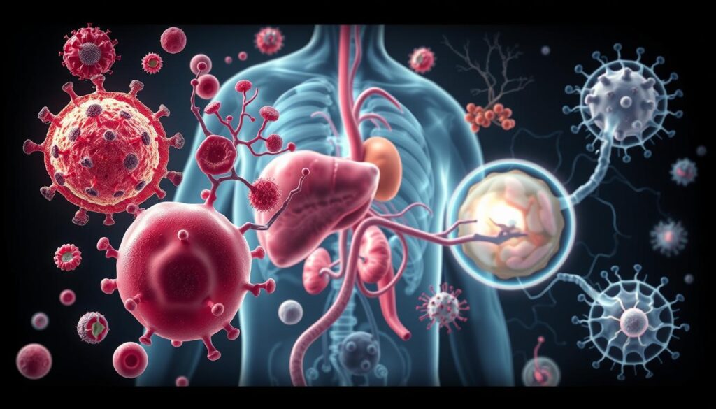 A detailed anatomical illustration of the human immune system in action. A vibrant, high-resolution medical diagram showcasing the complex network of cells, organs, and processes that work together to protect the body from illness and infection. The foreground depicts various white blood cells, lymph nodes, and the spleen in vivid detail, while the middle ground features the circulatory system transporting immune components throughout the body. The background subtly renders the intricate system of lymphatic vessels and the thymus gland. Rendered in a clean, clinical style with muted colors and dramatic lighting to convey the importance and sophistication of the immune system.