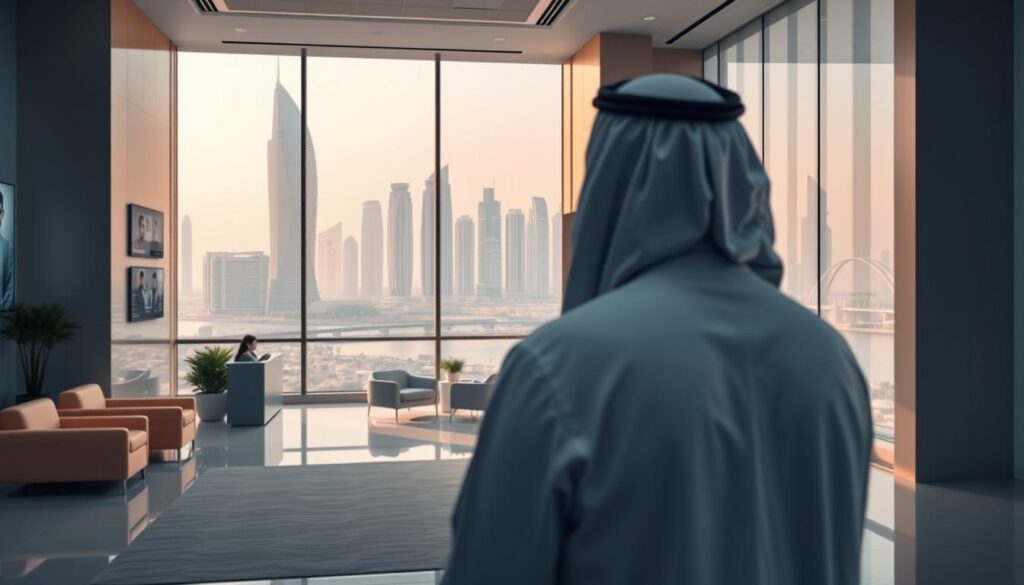 A modern telemedicine clinic in Dammam, Saudi Arabia. The foreground features a doctor in traditional Saudi attire consulting with a patient on a large, high-resolution display. The middle ground shows a reception area with sleek, minimalist furnishings and Arabic-inspired architectural details. The background depicts the city's skyline, with towering skyscrapers and the distinctive architecture of the King Fahd Causeway. Soft, natural lighting illuminates the scene, creating a warm, inviting atmosphere. The composition emphasizes the integration of traditional and modern elements, reflecting the advancements in Saudi Arabia's healthcare technology.