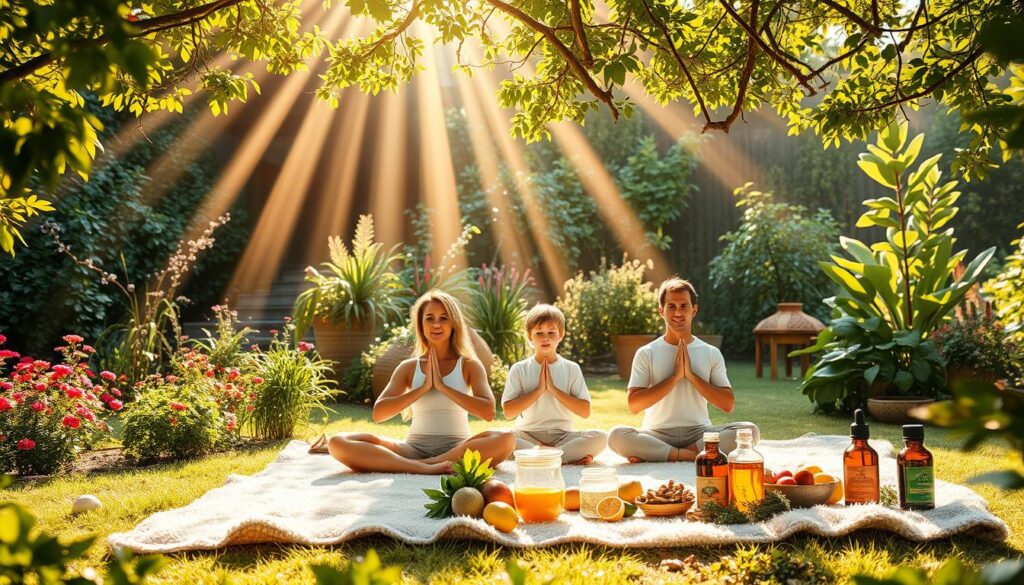 A serene, sun-dappled garden filled with lush greenery and vibrant flora. In the foreground, a family of four - a mother, father, and two children - sit cross-legged on a soft, plush blanket, practicing gentle yoga poses and deep breathing exercises. Rays of warm, golden light stream through the branches above, creating a peaceful, calming atmosphere. In the background, a variety of natural wellness elements are displayed, including fresh fruits and vegetables, herbal teas, and essential oils, all arranged in a harmonious, visually appealing manner. The overall scene conveys a sense of holistic wellbeing, balance, and connection with nature.