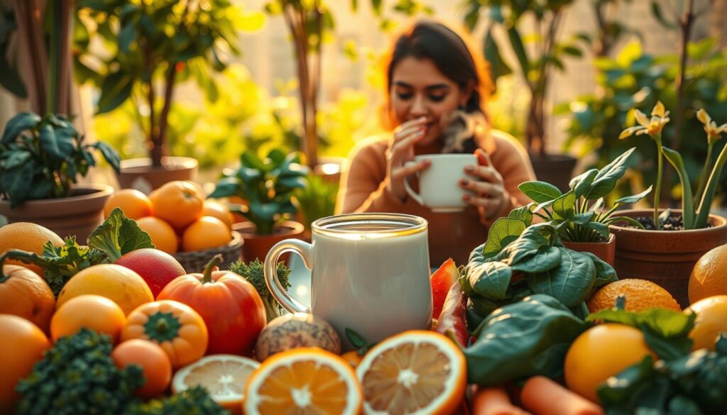 A vibrant, natural scene showcasing various immune-boosting elements. In the foreground, an assortment of fresh, colorful fruits and vegetables, such as oranges, lemons, broccoli, and spinach, are artfully arranged. The middle ground features a person sipping a steaming mug of herbal tea, surrounded by soothing potted plants and a cozy, earthy-toned setting. The background depicts a warm, sun-dappled outdoor environment, with lush greenery and a calming, serene atmosphere. The lighting is soft and natural, creating a sense of tranquility and well-being. The overall composition conveys a holistic, wellness-focused approach to strengthening the immune system in Dammam.