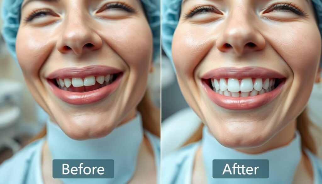 Before and after results from a cosmetic dentist showing smile transformation
