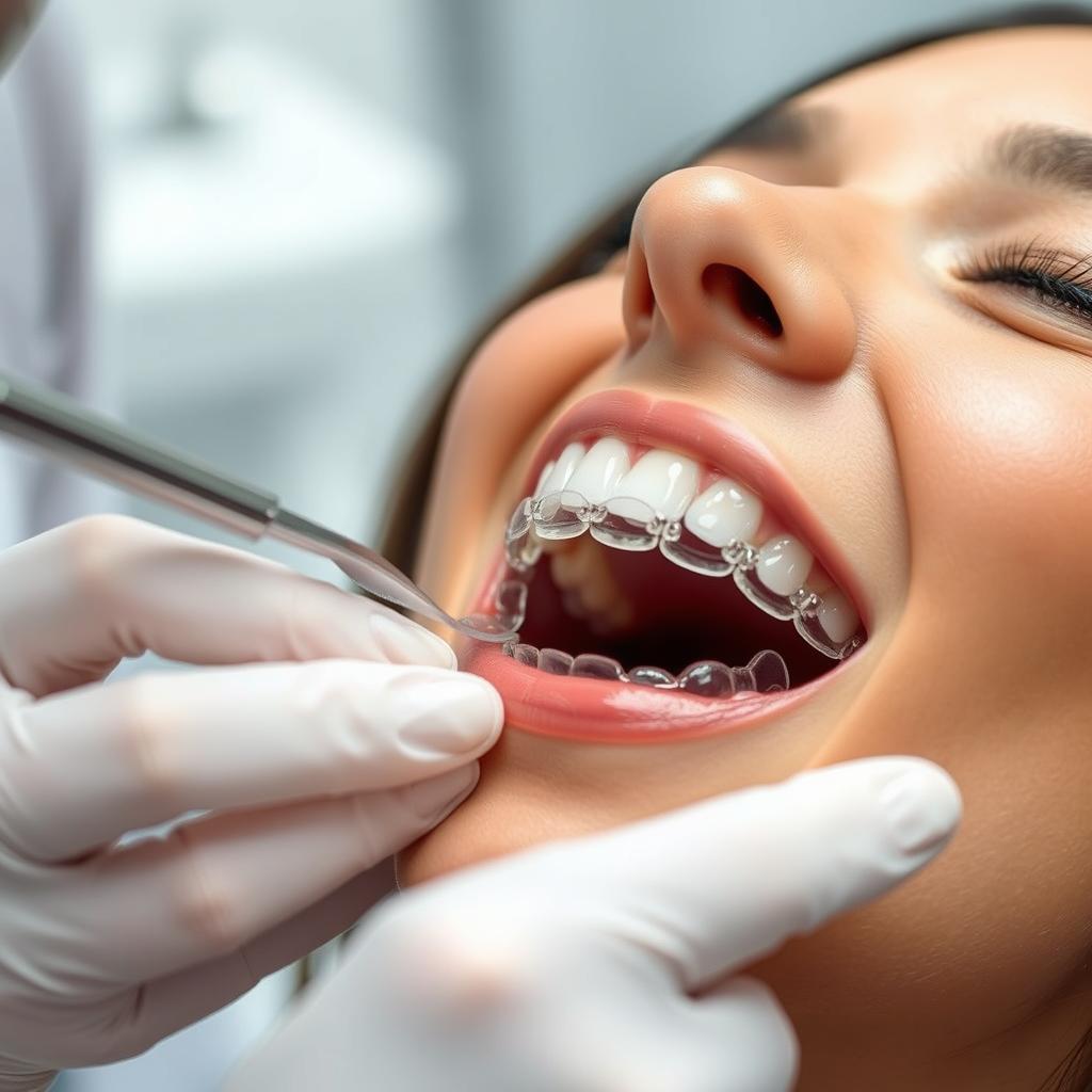 Clear aligners being fitted by a cosmetic dentist for teeth straightening