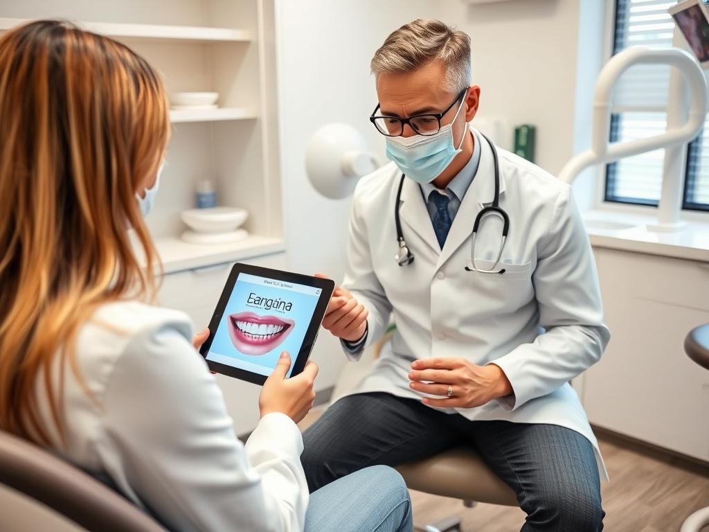 Cosmetic dentist explaining treatment options using digital smile design software