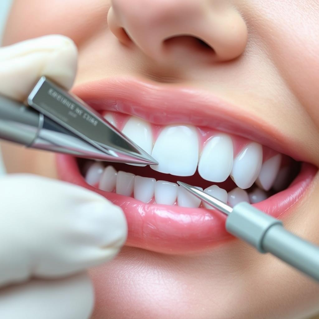 Porcelain veneers being applied to front teeth by a cosmetic dentist