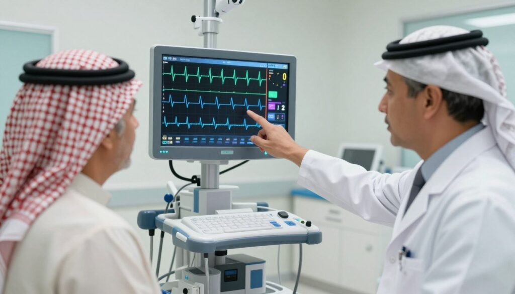 Cardiologist reviewing an ECG with a patient in a Dammam healthcare clinic