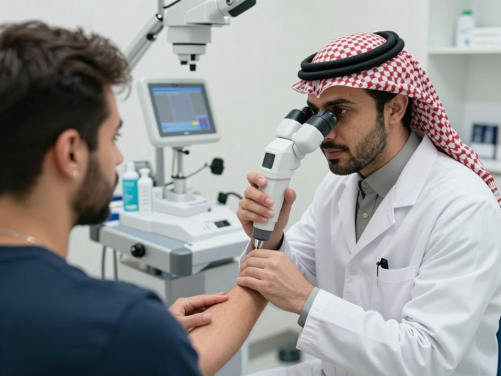 Dermatologist examining a patient's skin condition in a Dammam clinic