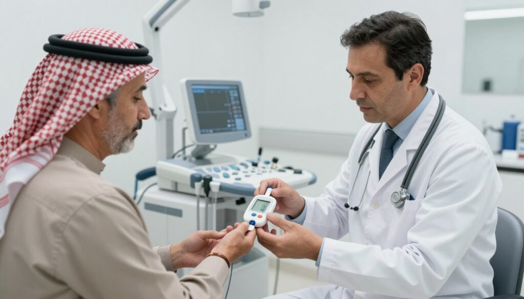 Doctor checking blood sugar levels of a patient in Dammam healthcare clinic