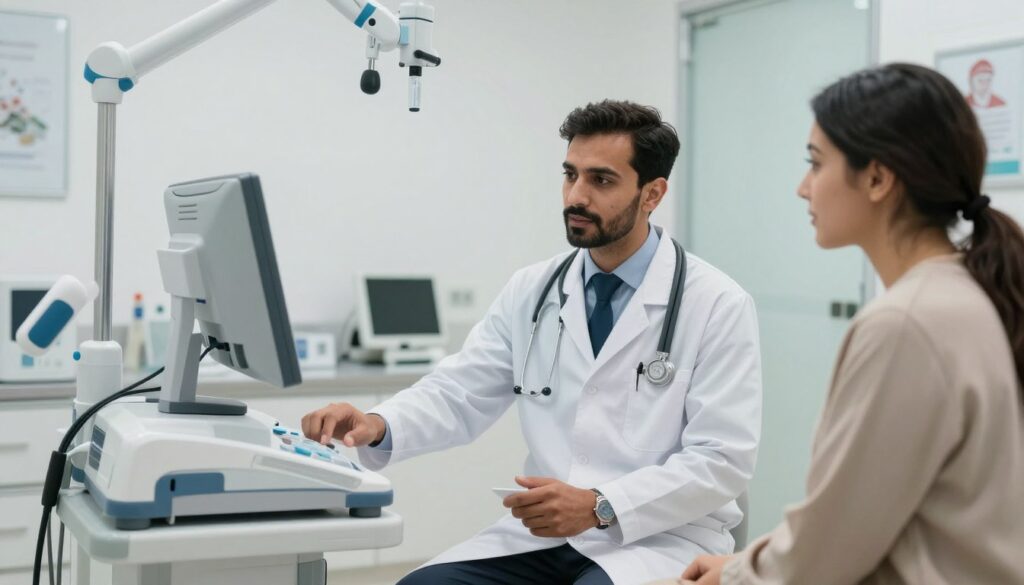 Doctor consulting with a patient in a modern healthcare clinic in Dammam