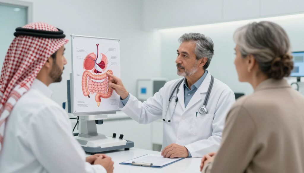 Doctor discussing digestive health with a patient at a Dammam healthcare clinic