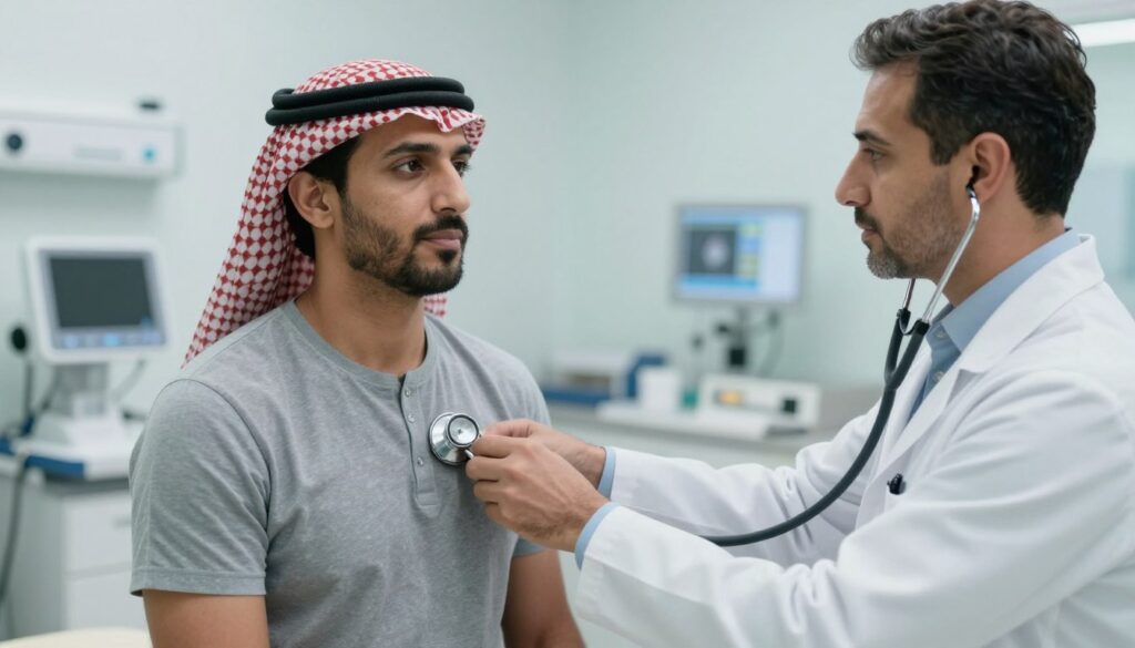 Doctor examining a patient with respiratory symptoms at a Dammam healthcare clinic