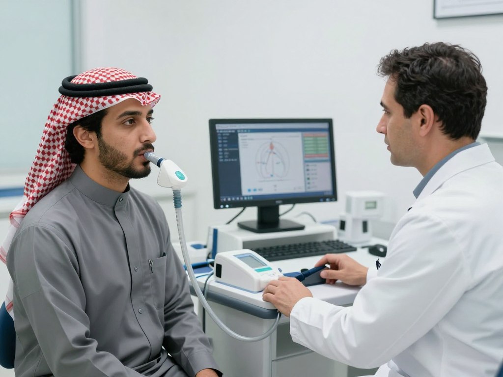 Doctor performing a lung function test on a patient with asthma in Dammam