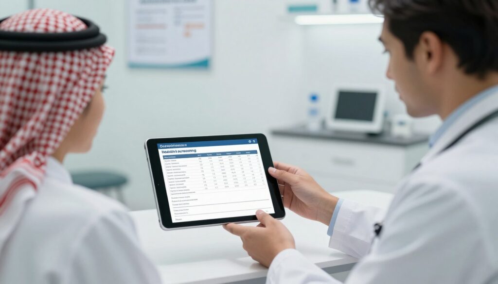 Doctor reviewing health screening results with a patient in Dammam