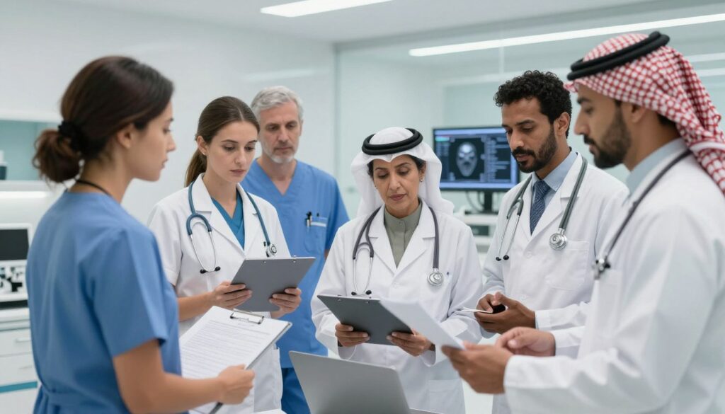 Healthcare team discussing a patient's treatment plan in a Dammam clinic