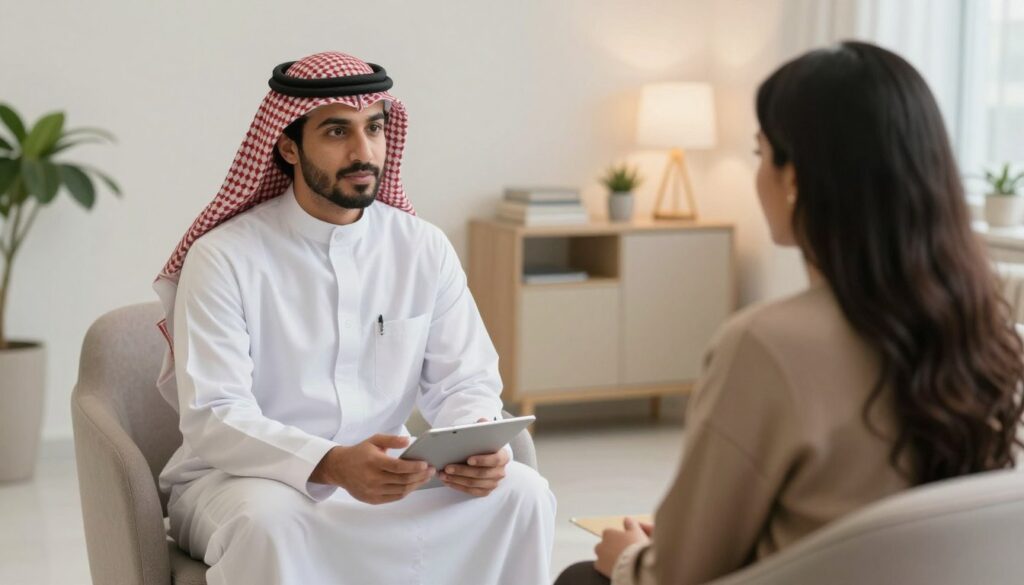 Mental health professional counseling a patient in a comfortable setting in Dammam