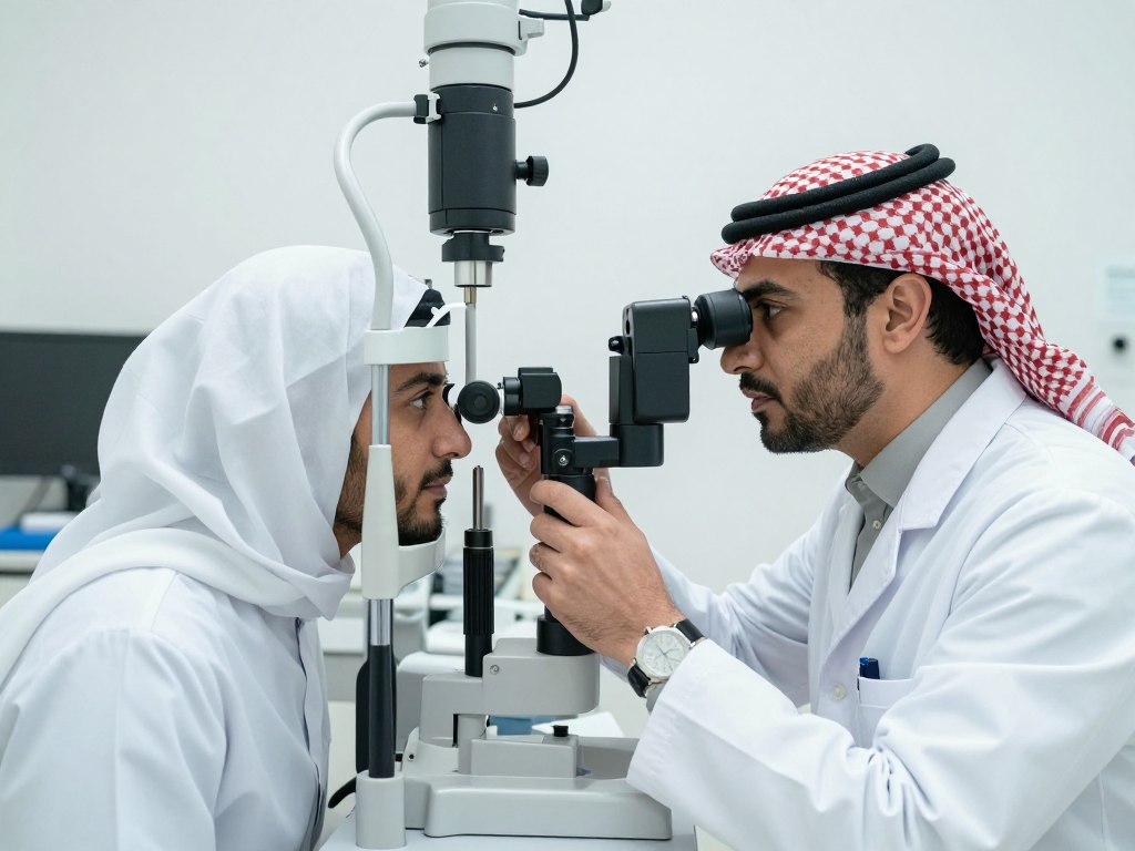 Ophthalmologist performing an eye examination in a Dammam healthcare clinic