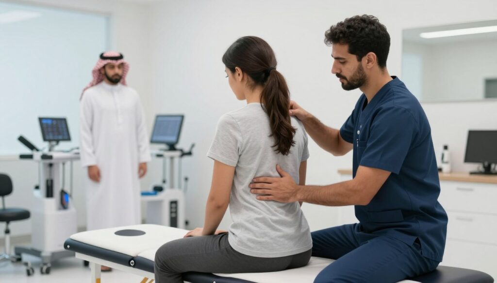 Physical therapist treating a patient with back pain at a Dammam healthcare clinic